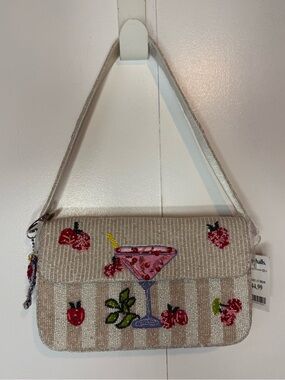 Strawberry Martini Striped Beaded Bag with Cocktail Motif (NWT)
